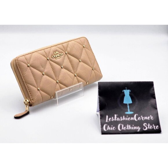 Coach Women's Tan Leather Accordion Zip Wallet Studded Diamond Quilting 354 - Picture 2 of 14